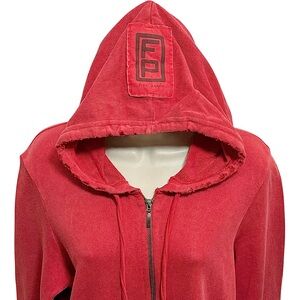 Free People Red Vintage Wash Full Zip Distressed Hooded Large Logo Jacket L